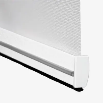 D30-Silent bottom rail on a blockout roller blind, showing the soft brush-style seal that helps reduce light leakage and the rear bubble tube that helps reduce banging noise on aluminium joinery