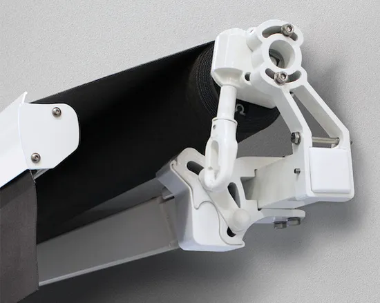 Close-up of Ellipse Monobloc awning arm showing sturdy aluminium construction and tension system