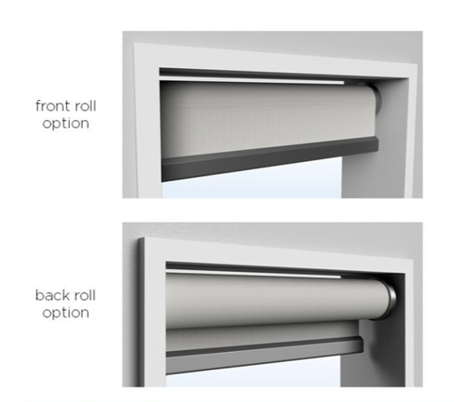 Front roll and back roll options for blockout roller blinds showing fabric roll direction